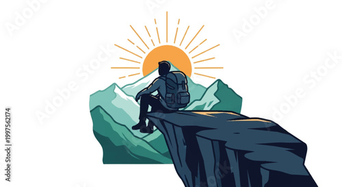 Hiker on mountain peak silhouette with sunrise vector illustration