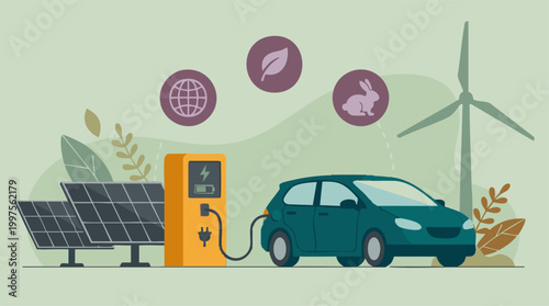 Electric car charging with renewable energy, eco-friendly transportation concept