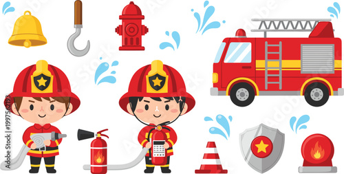 Firefighter cartoon characters with fire truck equipment and safety tools vector illustration set including hydrant extinguisher helmet alarm and rescue elements