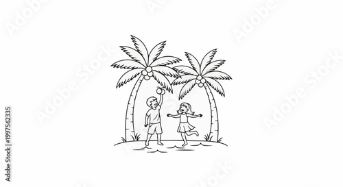 Children playing with a ball under palm trees on a sunny day