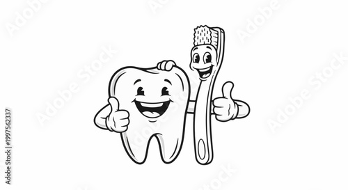 Cheerful tooth and toothbrush character giving thumbs up with smiles