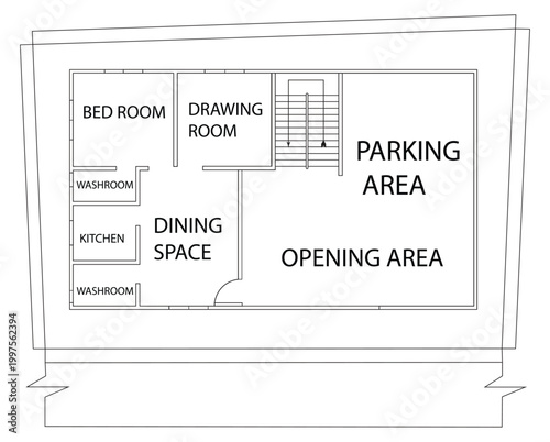 Simple 2D house floor plan layout with bedroom, kitchen, and parking area