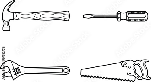 DIY workshop symbols vector set in architectural CAD outline style, hammer, screwdriver, wrench and hand saw icons for construction graphics, tool manuals, safety signage and technical illustration