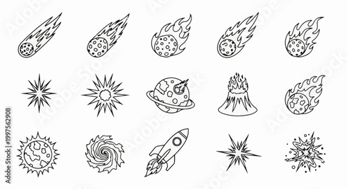 Collection of cosmic phenomena comets, stars, planets, rocket, volcano, and explosions