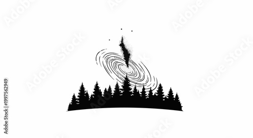 Black silhouette of trees against a white background with a swirling galaxy