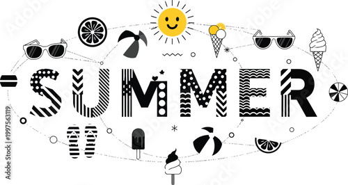 Summer vacation concept with various fun elements and objects in black and white with smiling sun
