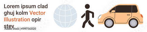 Transportation, travel, navigation, pedestrian safety, global connectivity, commuting. a globe, walking figure and vehicle. Transportation and travel for versatile uses