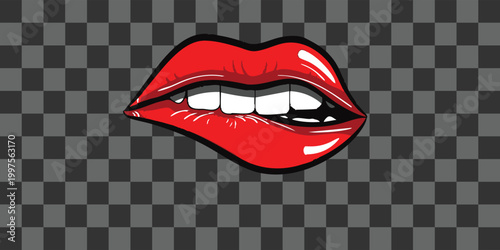 Pop art style red lips biting with transparent background