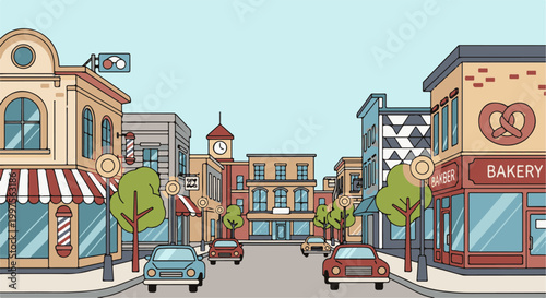 Cartoon illustration of a street with shops, cars, and trees under a clear sky