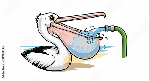 Cartoon pelican drinking from a green garden hose