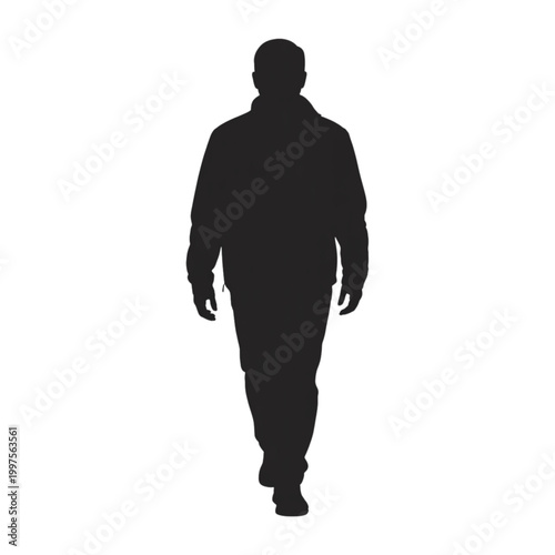 Man walking forward towards camera silhouette vector illustration, casual male person isolated on white background