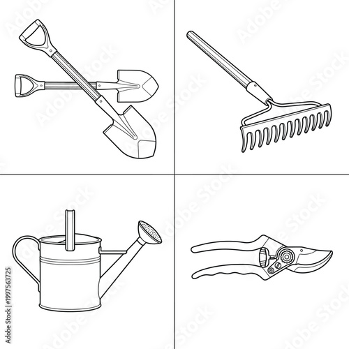 Garden equipment symbols vector set in architectural CAD outline style, shovels, rake, watering can and pruning shears icons for landscape drawings, site plan legends, infographics and technical