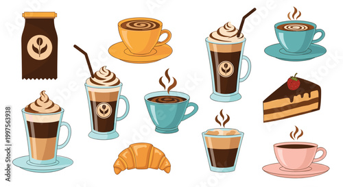 Large collection of coffee drinks in various cups and glasses along with a croissant and a slice of chocolate cake for cafe menu.