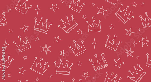 Regal seamless pattern of hand drawn white crowns and shiny stars over a solid dark red background for princess or royalty themes.