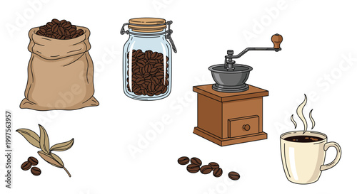 Detailed set of coffee equipment including a sack of beans a glass jar a manual grinder a hot cup and green coffee leaves.