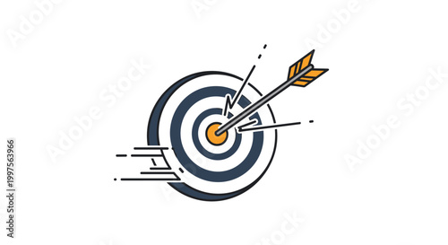Archer arrow hitting exactly in the middle of the bullseye on a target showing successful achievement and perfect goal orientation.