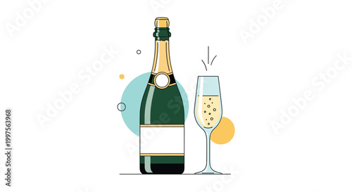 Green bottle of champagne next to a full glass with bubbles and decorative circles for celebrating anniversaries or special events.