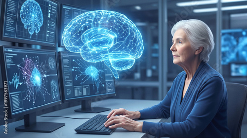 Neuroscientist analyzing holographic brain model in high-tech laboratory. Senior woman researcher using advanced neural mapping software for medical study.