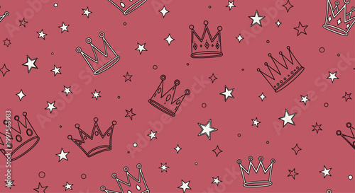 Royal seamless pattern featuring various hand drawn black crown outlines and stars over a dark pink background for festive designs.