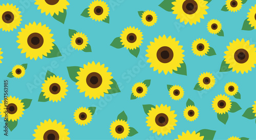 Bright seamless pattern of yellow sunflowers with green leaves on a light blue background for floral wallpaper and summer themes.