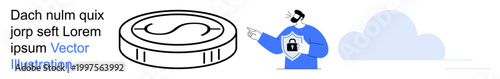 Digital security, cloud storage, financial safety, data protection, online security, cryptocurrency. A person pointing toward a coin and cloud symbol. Digital security and cloud storage concepts