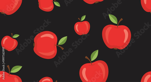 Fresh red apple pattern with green leaves and stems scattered on a black background for organic fruit and healthy eating concepts.