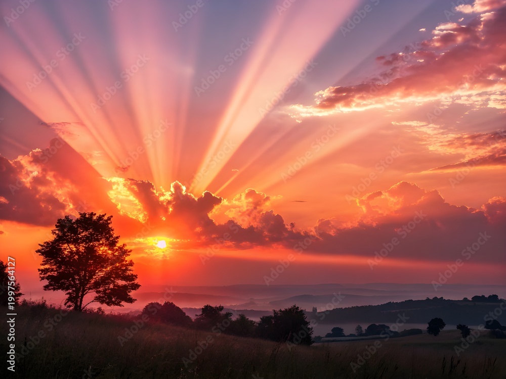 Naklejka premium Dramatic Sunset with Sun Rays Over Scenic Landscape