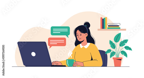 Young woman sitting at her desk working on a laptop while engaging in online chat represented by colorful message bubble icons.