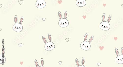 Adorable seamless pattern of cute white bunny faces with pink ears and hearts on a soft cream background for nursery decor.