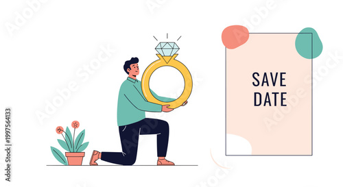 Man kneeling down to propose while holding a giant diamond ring next to a save the date card for wedding announcement designs.