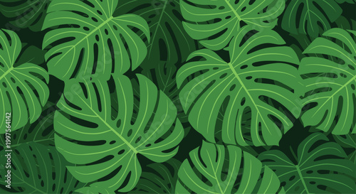 Vibrant seamless pattern of green monstera leaves overlapping each other creates a dense tropical jungle foliage background.