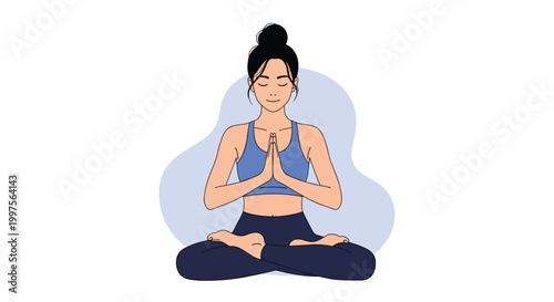 Serene illustration of a woman sitting in a lotus pose practicing yoga and meditation to achieve mental peace and physical balance.