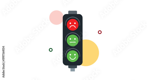 Creative traffic light design uses red yellow and green faces with different expressions to represent customer feedback or status.