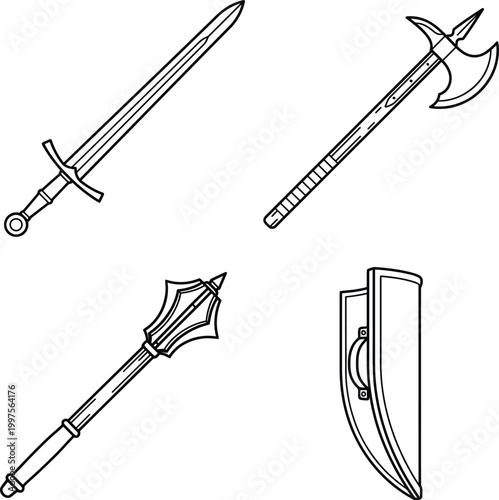 Medieval warfare symbols vector set in CAD outline style, sword, axe, mace and shield icons for fantasy design, game UI assets, illustration libraries and technical line art collections