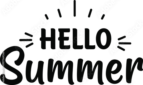 Hello summer greeting text with sun rays on white background