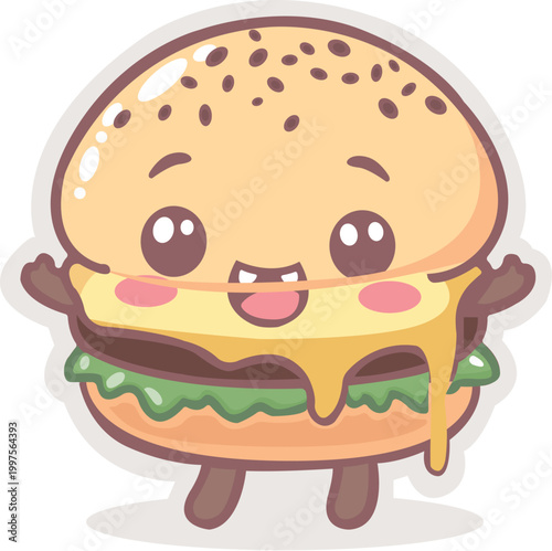 Cute Cheeseburger Character Vector Illustration – Kawaii Fast Food Mascot with Melting Cheese Isolated on White Background