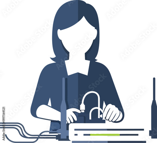 Engineer connects cables to a networking device to establish secure data access.