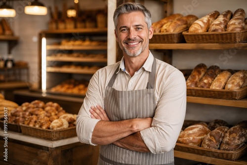 Professional mature male baker standing with arms crossed in front of fresh bread on shelves in bakery