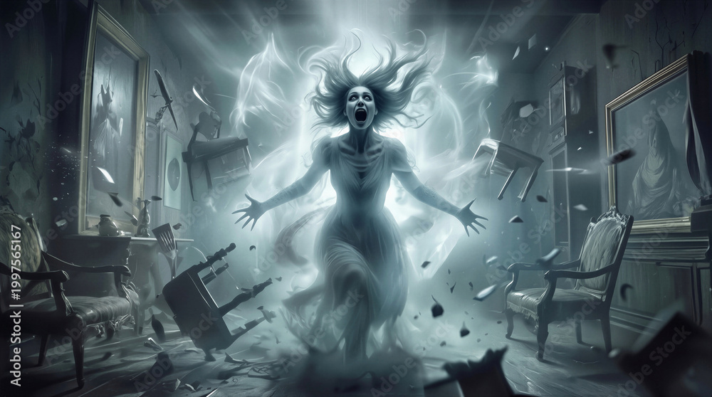 Naklejka premium Screaming female ghost manifesting in haunted victorian room. Poltergeist activity with floating furniture and swirling ethereal energy in dark interior.