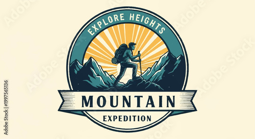 Mountain expedition logo design featuring hiker and peaks