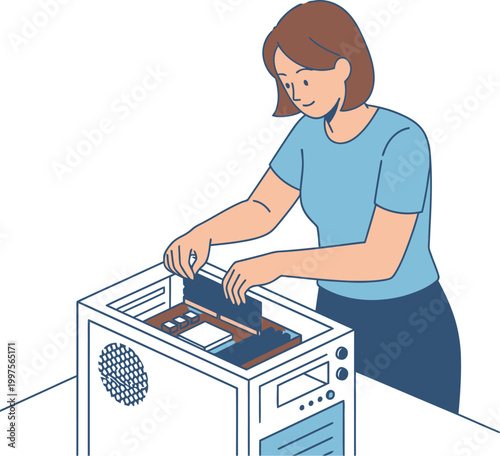 Technician installing new memory hardware components into a desktop.