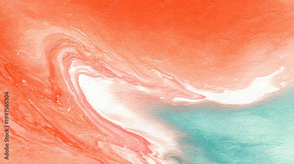 Fototapeta premium Abstract liquid painting features vibrant swirls of orange and soft blue marble textures creating an artistic flow that mimics fluid waves across the canvas surface