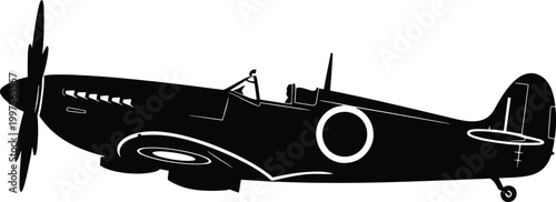 Black vintage fighter airplane with propeller.