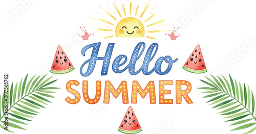 Hello summer greeting with smiling sun watermelon and palm leaves on white