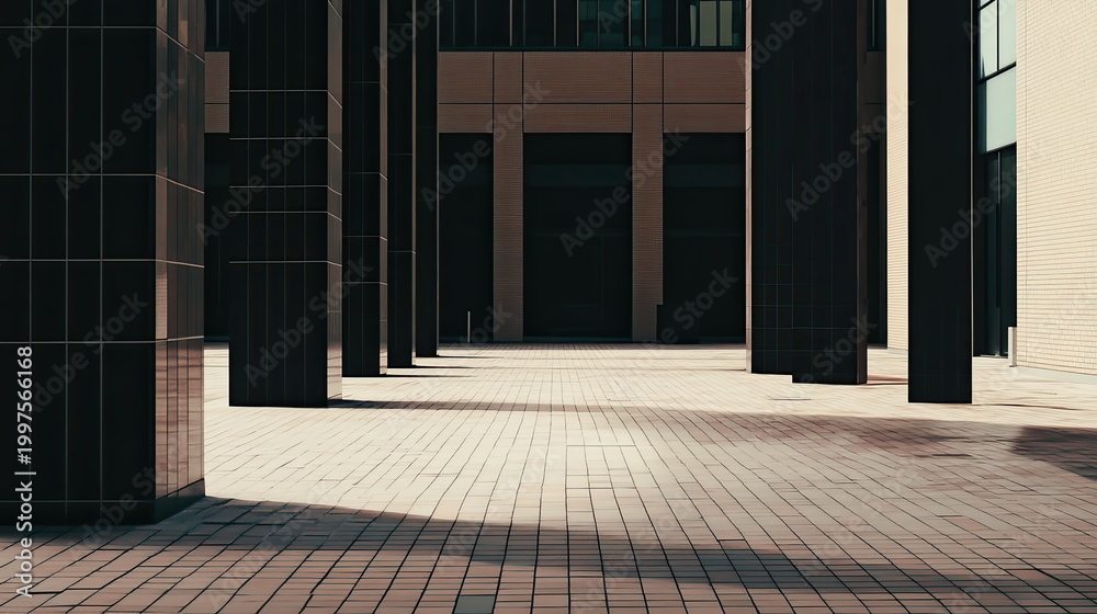 Fototapeta premium Tall, dark pillars of a contemporary building cast long, diagonal shadows across a tiled plaza, forming striking geometric patterns and abstract architectural perspectives
