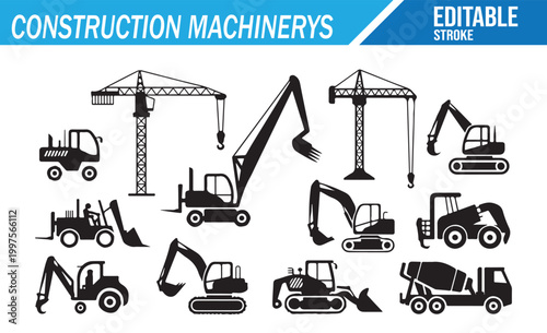 Construction Tools and Machinery Icons for Industrial Projects