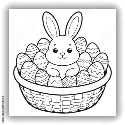 Cute Easter Bunny in Basket with Decorative Eggs Coloring Page