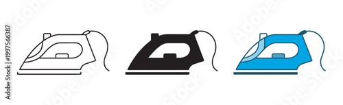 Electric Iron Icon Set, minimal flat outline icons representing ironing laundry care household appliances vector illustration design set collection pack
