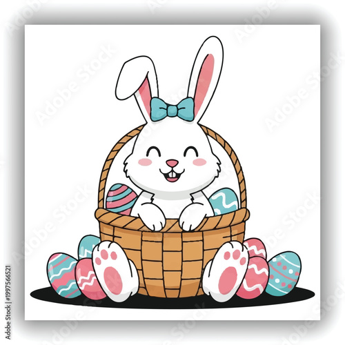 Cute Easter Bunny in Basket with Decorative Eggs Coloring Page