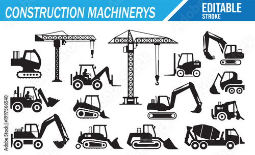 Building Site Heavy Equipment Line Art Icon Collection